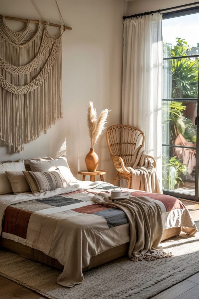 A comfortable, boho bedroom with a bed covered in a patterned throw, a large macrame wall hanging, lush plants, and a modern rattan chair placed next to a large window overlooking greenery.