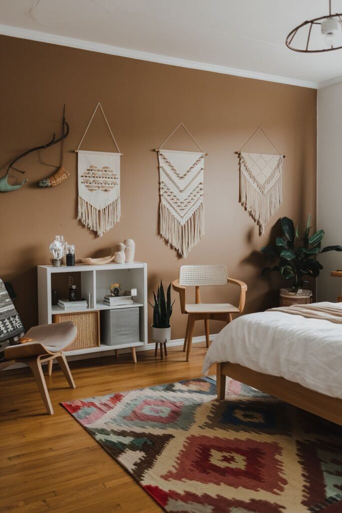 A comfortable bedroom with an accent wall, featuring multiple boho macrame wall hangings, a colorful patterned rug, a white modern shelf, plants, and a wooden chair.