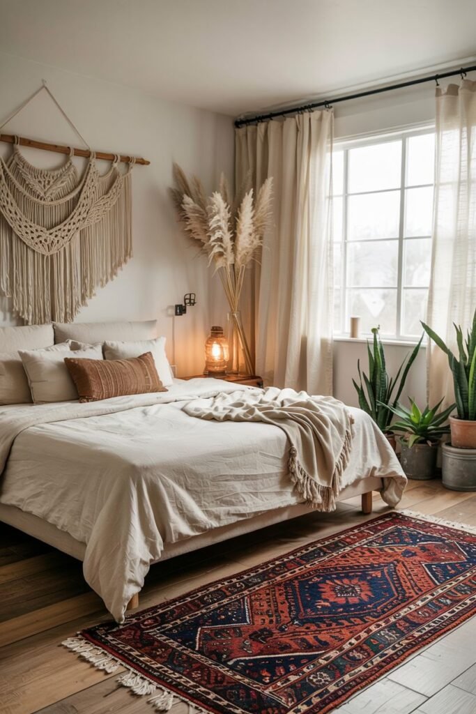 A comfortable bedroom featuring a macrame wall hanging above the bed, various plants, a lamp on a nightstand, and a richly patterned boho rug on a wooden floor.