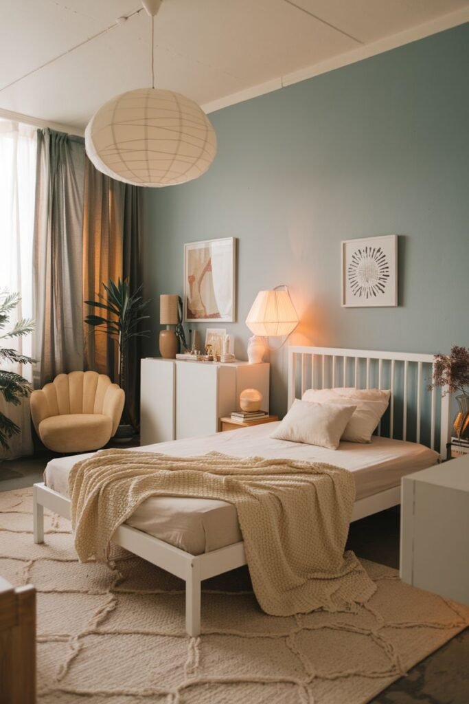 A comfortable bedroom with a light blue wall, featuring a modern white bed frame, a textured boho rug, a yellow armchair, and decorative elements including framed art and lamps.