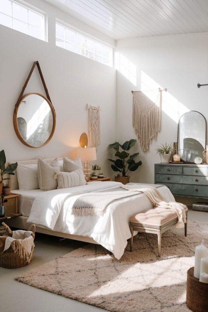 A bright, comfortable bedroom with large windows and sunlight, featuring boho macrame wall hangings, plants, a round mirror, a vintage-style dresser, and a fluffy pink rug.
