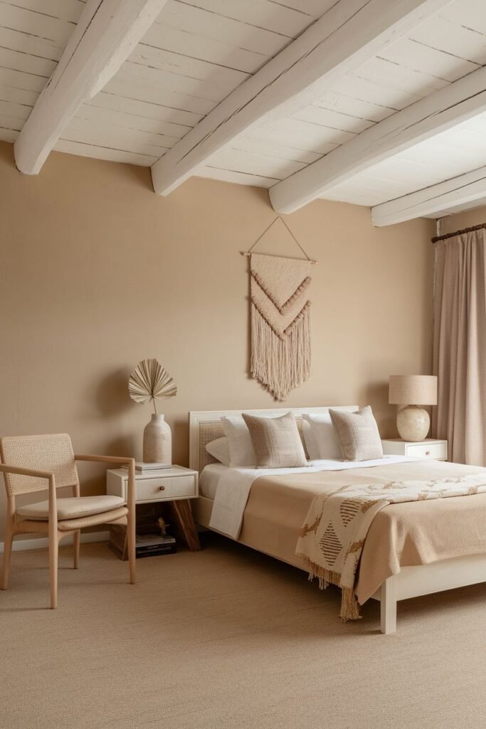 A comfortable bedroom with a warm accent wall and exposed wooden beams, featuring a modern bed frame, a boho macrame wall hanging, a woven chair, and a textured rug.