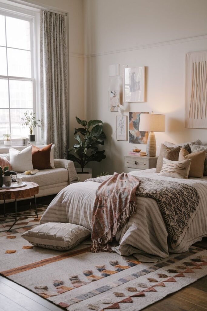A comfortable bedroom space featuring a bed with layered textiles, a small sofa, a patterned boho rug, plants, and framed artwork, blending modern and bohemian styles.