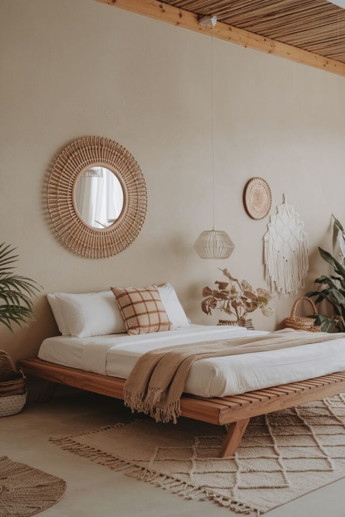 A comfortable bedroom with a natural wood platform bed, featuring a round boho mirror, plants, a woven pendant light and wall decor, and textured rugs on a polished concrete floor.