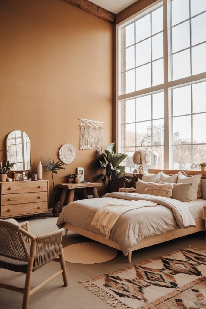 A comfortable bedroom with high ceilings and a large window, showcasing a wooden dresser and bed frame with modern lines, accented by boho elements like a woven chair, macrame, plants, and a patterned rug.