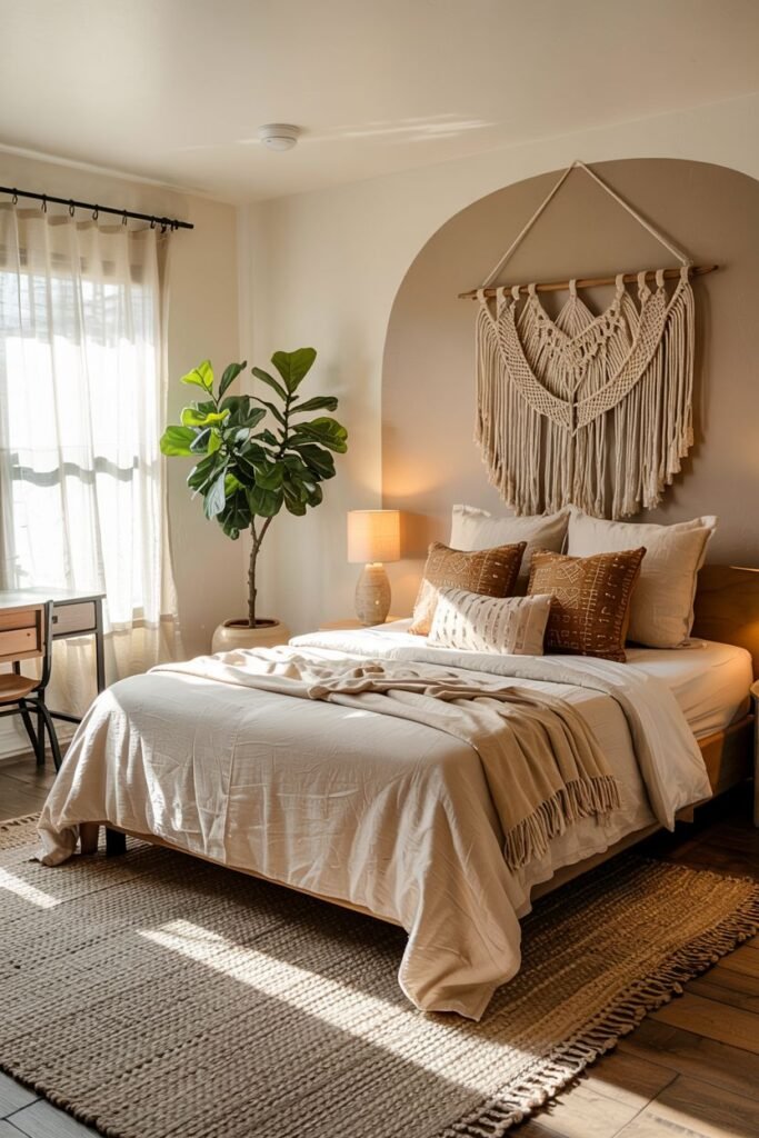 A comfortable bedroom featuring a bed, a large plant, a boho macrame wall hanging over an arched accent, and a textured rug, creating a cozy and stylish space.