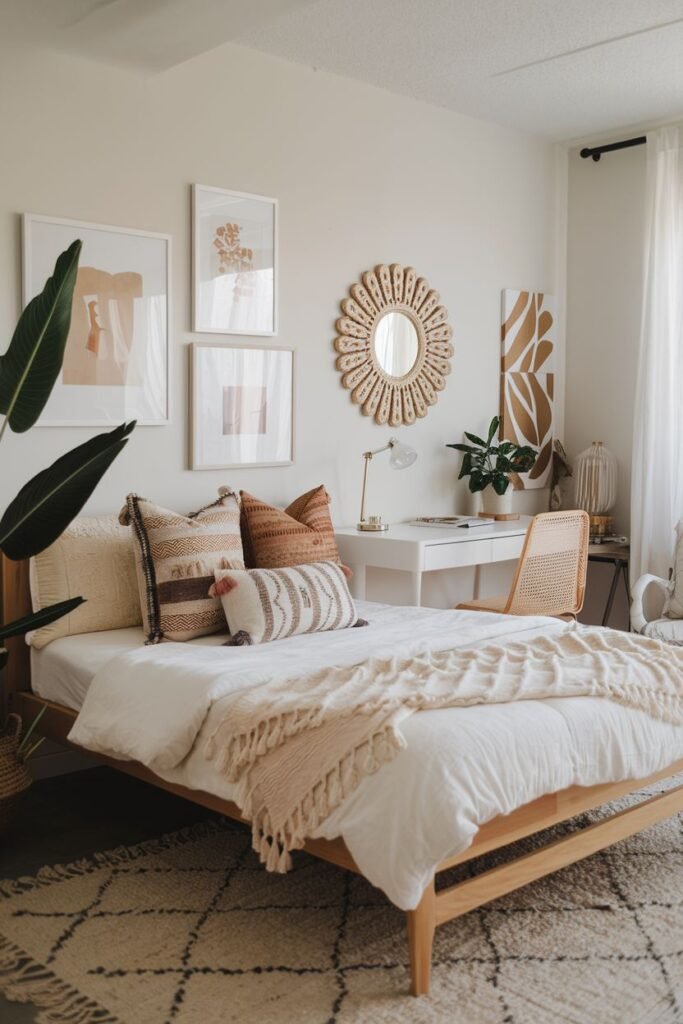 A bright, comfortable bedroom combining modern clean lines with boho touches like textured pillows, a sunburst mirror, framed botanical art, and plants.