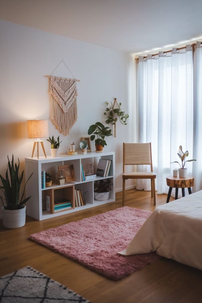 A cozy, comfortable bedroom featuring a white shelf unit, a soft pink boho rug, a macrame wall hanging, plants, and a modern chair and bed frame.