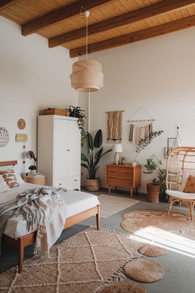 A spacious and comfortable bedroom featuring a blend of boho elements like woven rugs, plants, a wicker chair, and a macrame hanging, alongside a modern white wardrobe and wooden dresser.