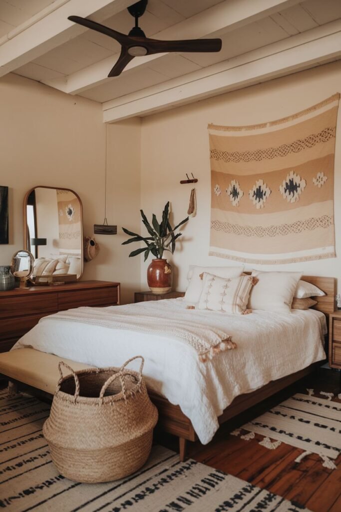 A comfortable and inviting bedroom with a bed, a wooden dresser and mirror, a large woven basket, plants, and a striped boho wall hanging, complemented by a modern ceiling fan.