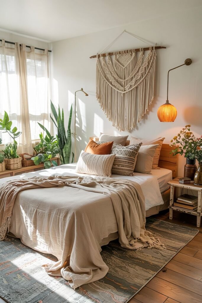 A comfortable bedroom with ample natural light highlighting a bed, various plants, a large boho macrame wall hanging above the bed, a nightstand with flowers, and wall sconces.