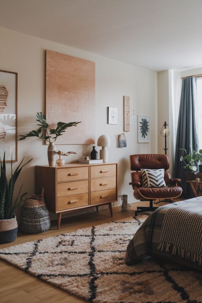 A comfortable bedroom featuring a large geometric boho rug, a modern wooden dresser, a classic leather chair, plants, and framed artwork.