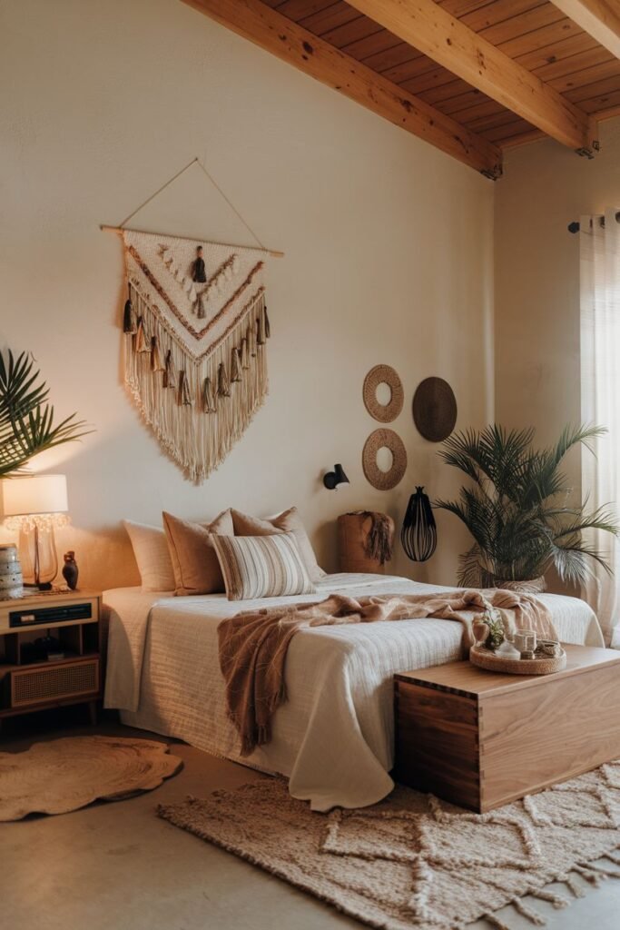 A comfortable, warm-toned bedroom incorporating boho elements like macrame wall art, plants, woven accents, and a large trunk at the foot of a modern bed.