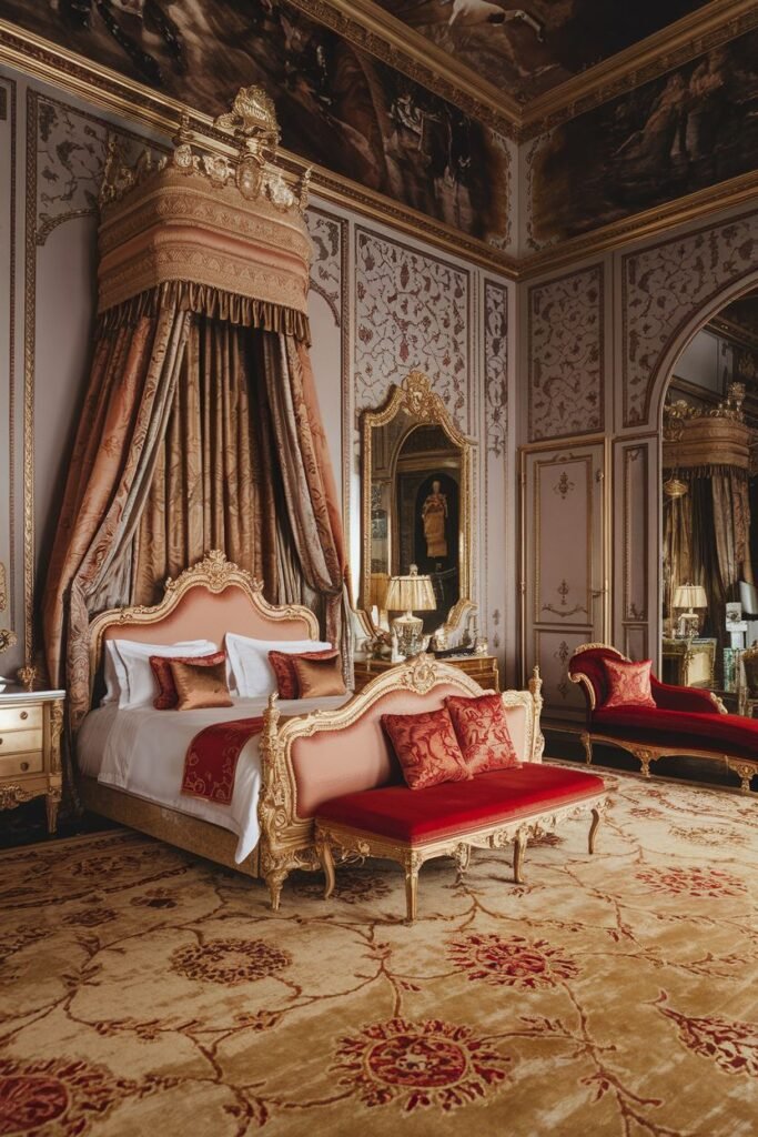 An opulent royal bedroom in warm red and gold tones, showcasing a decorated ceiling with paintings, a canopy bed, ornate furniture including a bench and chaise lounge, and a large patterned rug.