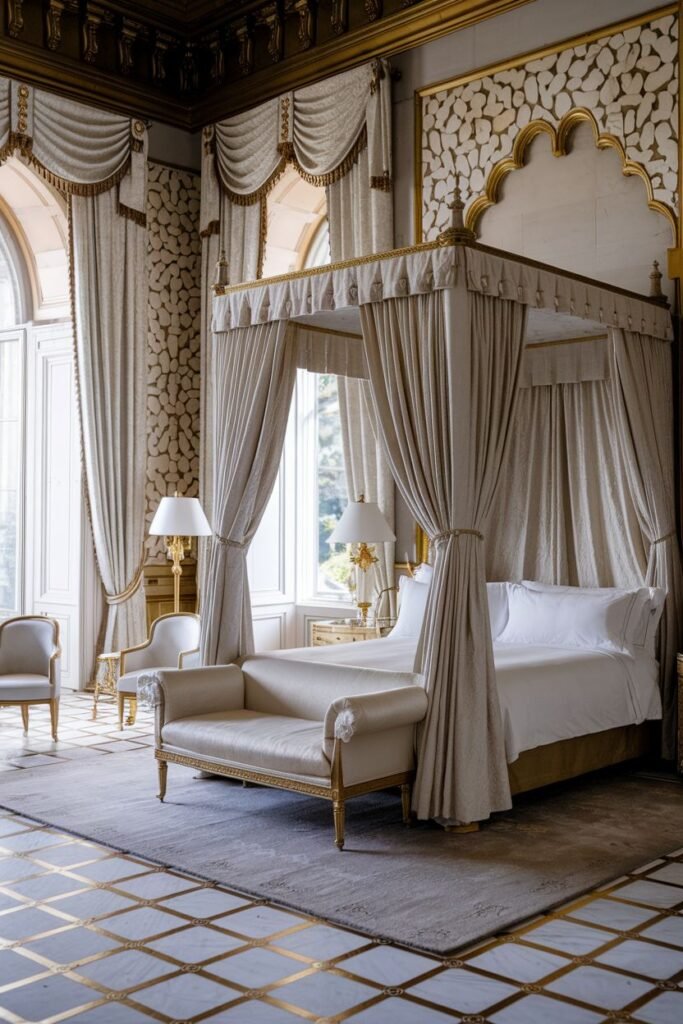 A serene royal bedroom utilizing a light and airy color scheme, featuring a simple yet elegant canopy bed with flowing drapes, comfortable armchairs, large windows, and a tiled floor with gold accents.