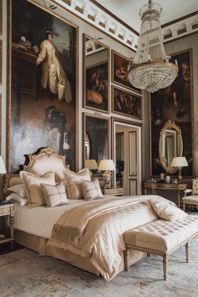 A grand royal bedroom displaying oversized artwork on the walls, an elegant bed with luxurious bedding, a tufted bench, mirrored panels, nightstands with lamps, and a striking crystal chandelier, contributing to a comfortable royal setting.