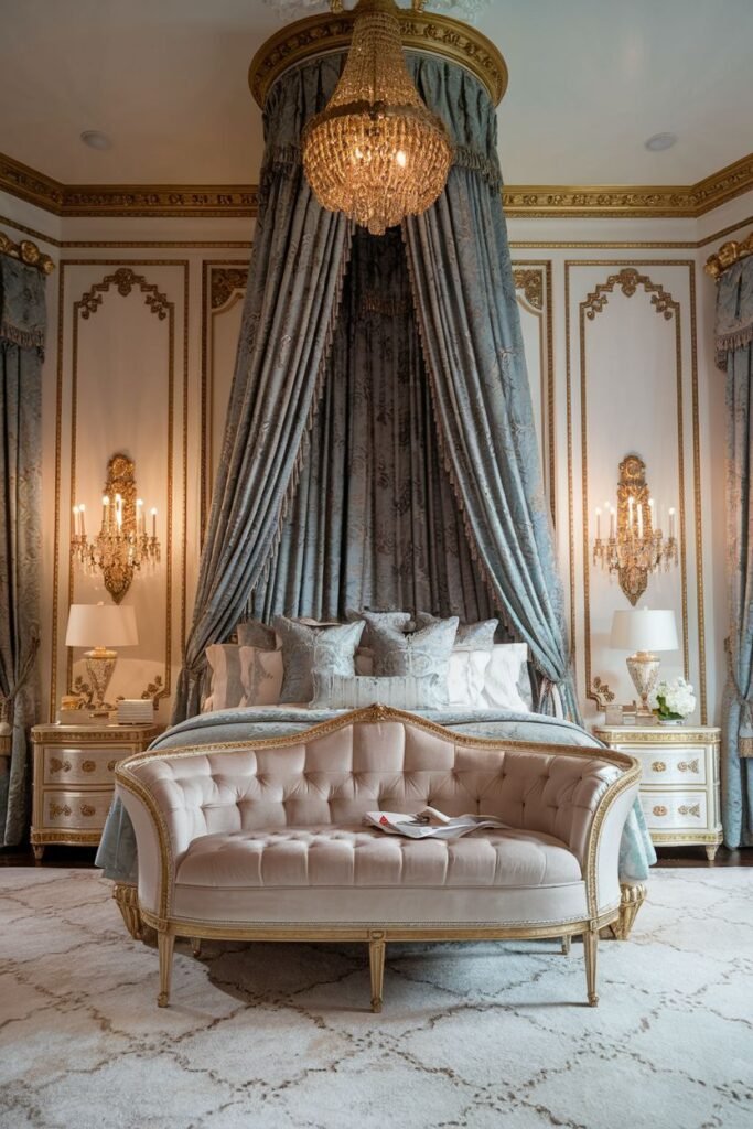 A royal bedroom combining soft blue and pink tones with a romantic draped canopy over a tufted bed, featuring a curved settee, decorative wall sconces, elegant table lamps, and a patterned rug.