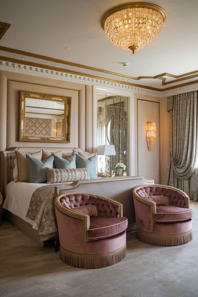 A cozy royal bedroom furnished with two plush rounded armchairs with fringe detailing, a bed with a padded headboard, a large ornate mirror, and a decorative chandelier with multiple crystals.