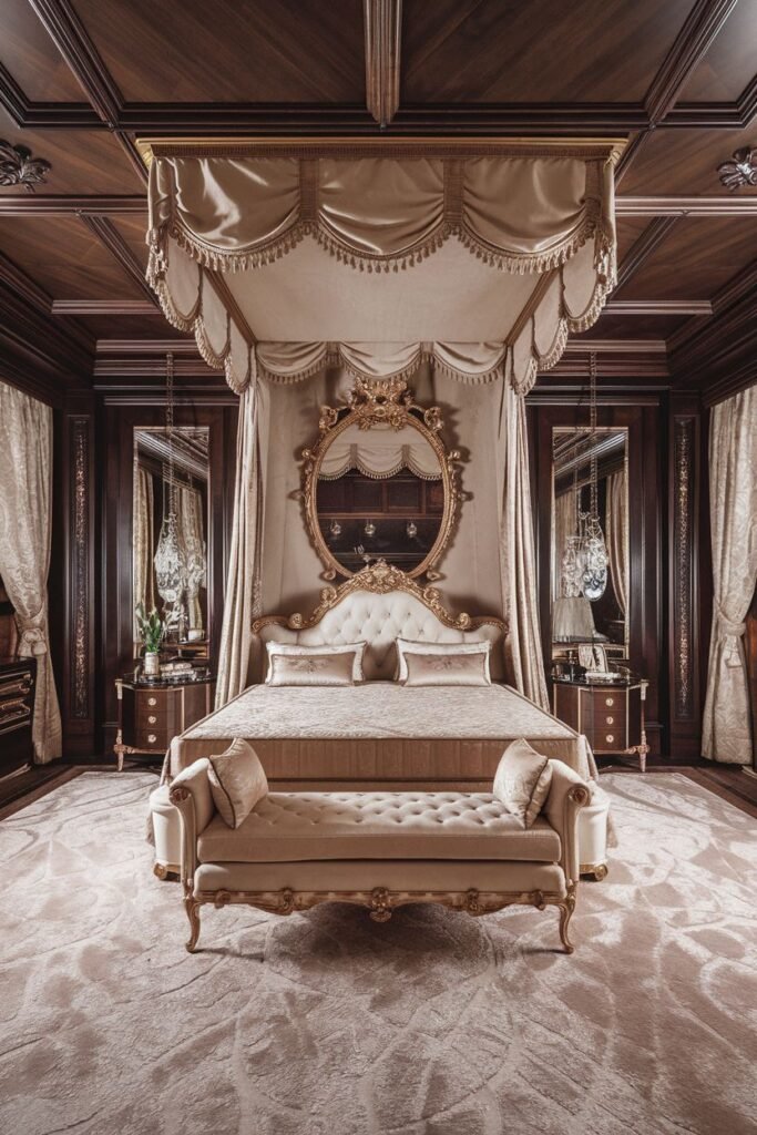 A sophisticated royal bedroom in neutral tones like beige and gold, featuring a draped canopy bed with a decorative headboard, a tufted bench at the foot of the bed, an ornate mirror with shelving, and symmetrical nightstands with elegant table lamps.