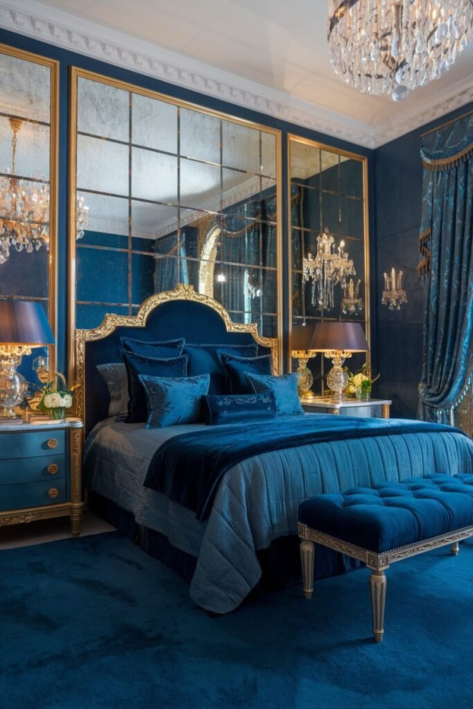 A deep blue royal bedroom with dramatic floor-to-ceiling mirrored panels behind the bed, dressed in coordinating shades of blue bedding, including a comfortable tufted bench and blue carpet, illuminated by elegant table lamps and wall sconces.