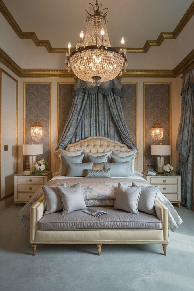 A comfortable royal bedroom decorated with soft blue and grey accents, featuring a tufted headboard, a draped canopy, patterned wallpaper, white nightstands with lamps, and a large crystal chandelier.