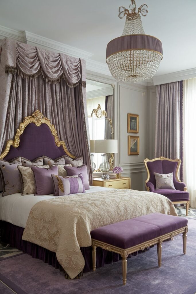 A regal purple royal bedroom with deep purple and gold tones, showcasing a statement purple headboard, a draped canopy, a tufted bench and armchair, a round chandelier with layered crystals, and a purple rug.