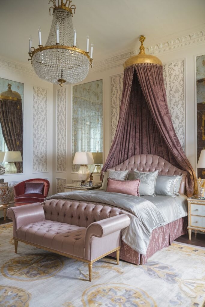 An elegant pink and silver royal bedroom with tufted furniture including the bed and a bench, large segmented mirrors, a grand crystal chandelier, and layered pillows for a comfortable feel.