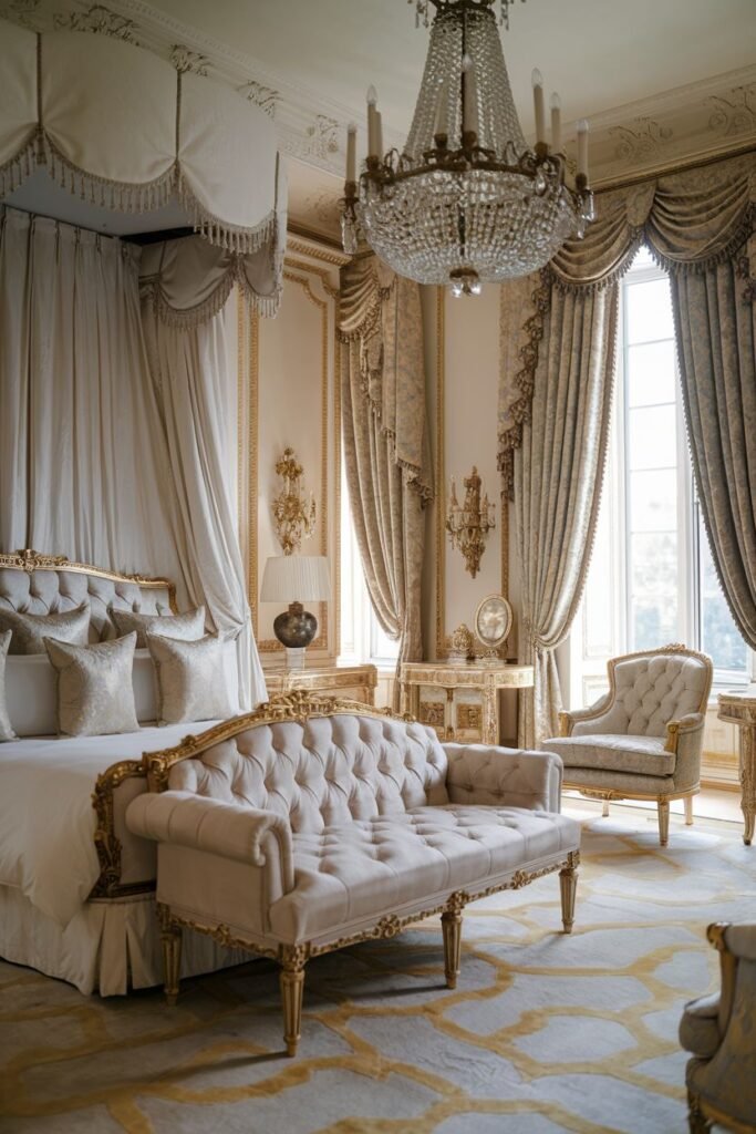 An elegant royal bedroom with prominent gilded accents, featuring a draped canopy bed with a decorative headboard, a tufted sofa and armchair with gilded legs, large windows with luxurious drapes, and a crystal chandelier as a focal point.