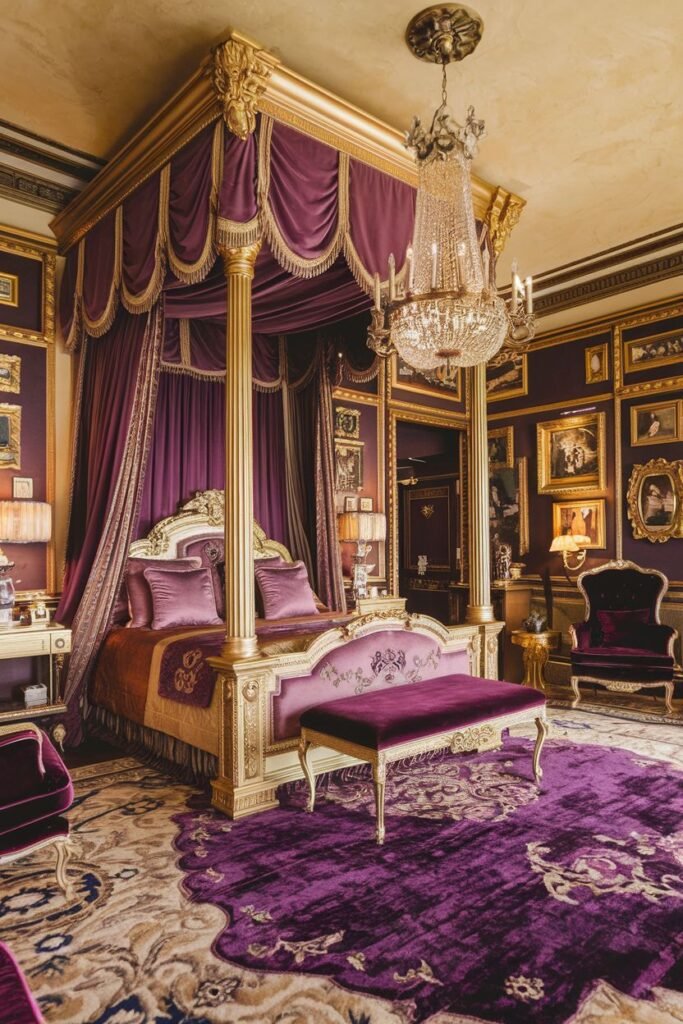 A luxurious royal bedroom in rich purple with gold accents, featuring a four-poster bed with elaborate draping, a crystal chandelier, a tufted bench and armchairs in deep purple, and numerous framed artworks on the walls.