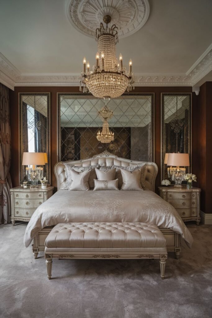 A sophisticated royal bedroom highlighting detailed ceiling molding, a bed with a padded headboard and luxurious bedding, large multi-panel mirrors behind the bed, a tiered crystal chandelier, and a comfortable tufted bench.