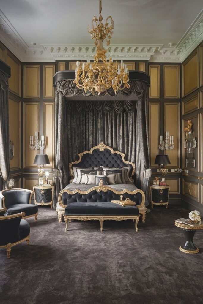 A bold royal bedroom using a striking combination of black and gold, featuring a tufted black canopy bed, black armchairs and a bench with gold frames, ornate gold chandeliers and wall sconces, and a dark rug to ground the space.