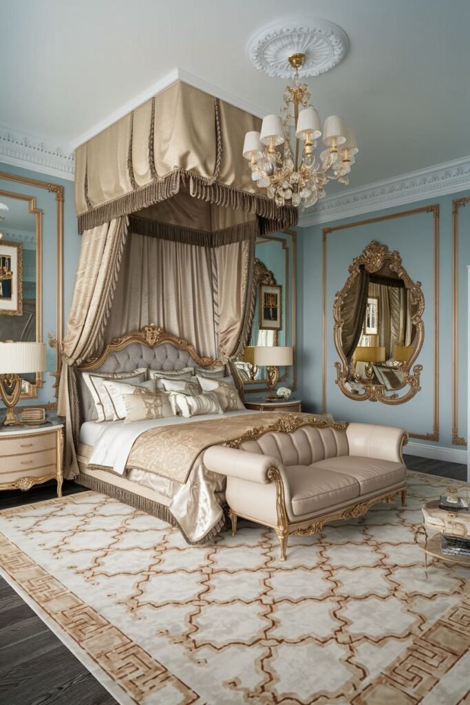 A bright royal bedroom with light blue walls and gold accents, featuring a draped canopy bed in a light, textured fabric, a curved sofa at the foot of the bed, ornate mirrors and chandeliers, and a patterned rug on the floor.