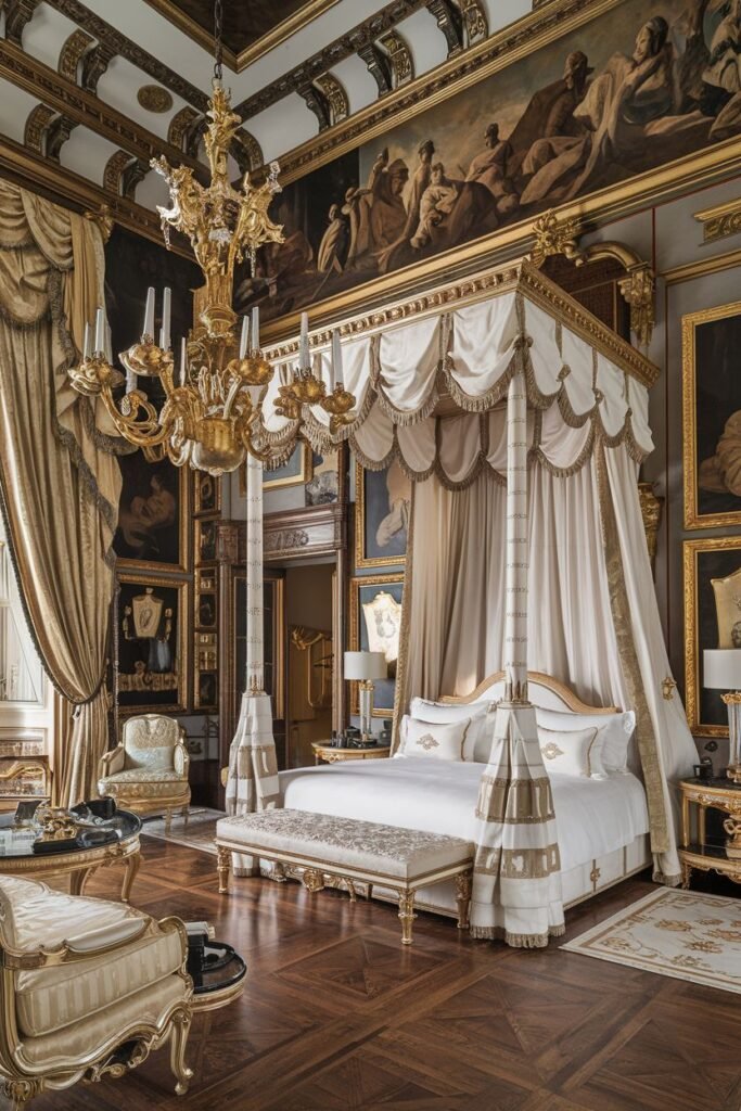 A grand royal bedroom with an impressive ceiling mural, an elaborate gold four-poster bed with detailed draping, multiple comfortable seating areas with luxurious sofas and armchairs, framed artworks, and a large ornate gold chandelier.