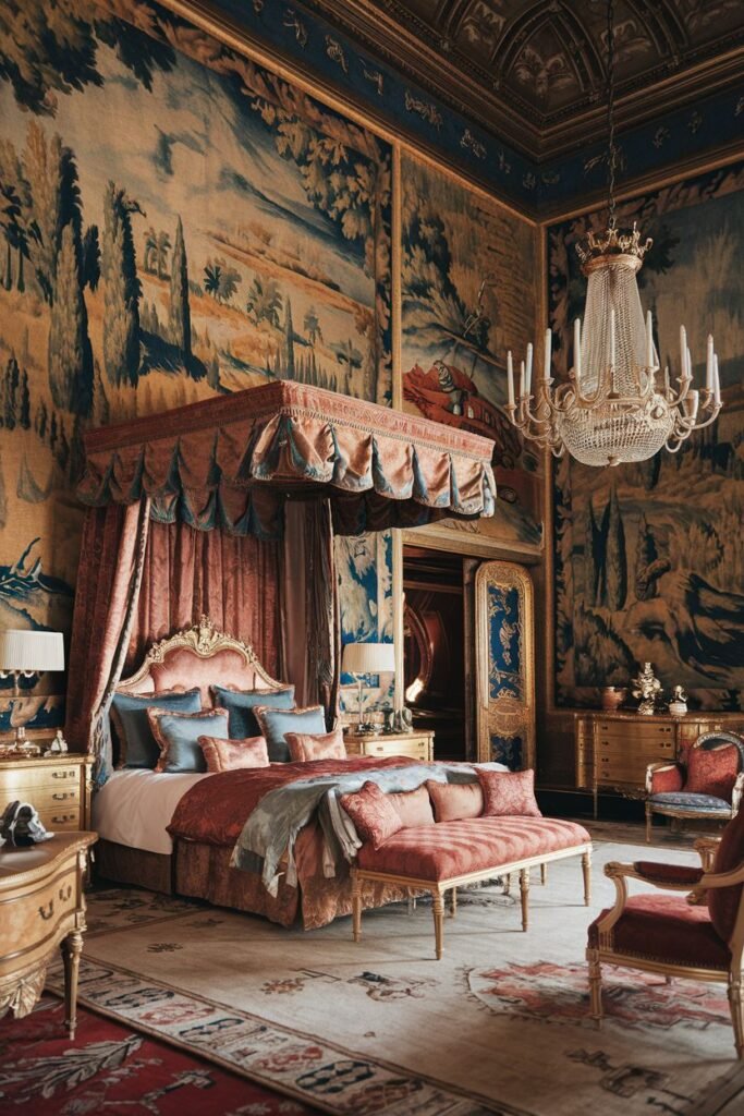 An elegant royal bedroom featuring large wall tapestries, a draped canopy bed, comfortable seating like a sofa and armchairs in warm tones, nightstands with lamps, and a beautiful crystal chandelier.