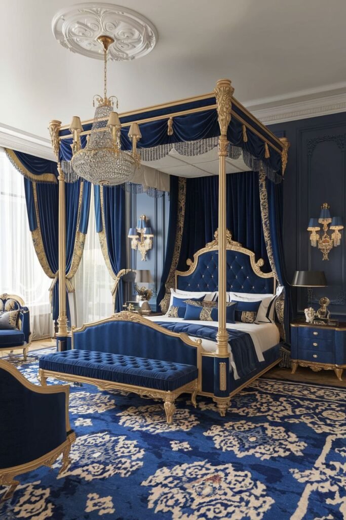 A luxurious royal bedroom in deep navy blue and opulent gold, featuring a four-poster bed with a tufted headboard and draped velvet fabric, a tufted bench and armchairs in matching blue velvet, decorative wall sconces, a crystal chandelier, and a bold patterned rug, creating a comfortable royal space.