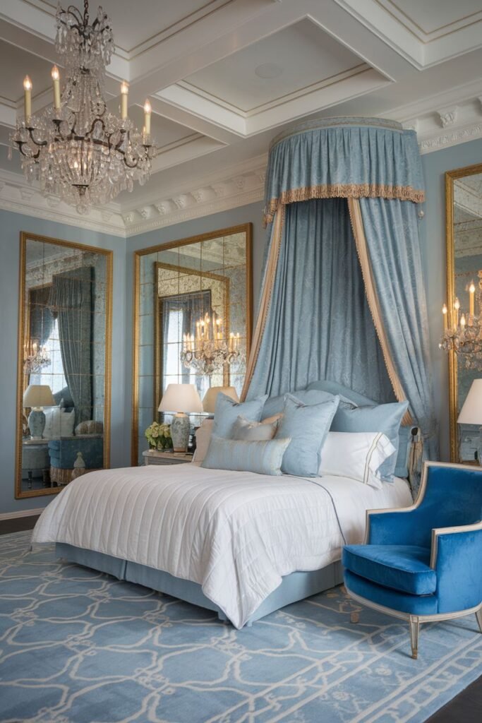 A comfortable royal bedroom oasis featuring light blue walls, a draped canopy bed, a crystal chandelier, tall mirrored panels, a patterned blue rug, and a plush blue armchair.