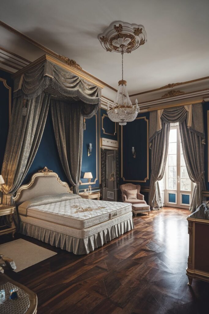 A spacious royal bedroom with dramatic deep blue walls contrasted with gold accents, featuring a draped canopy bed, a crystal chandelier, elegant drapes, and a comfortable armchair near a large window.
