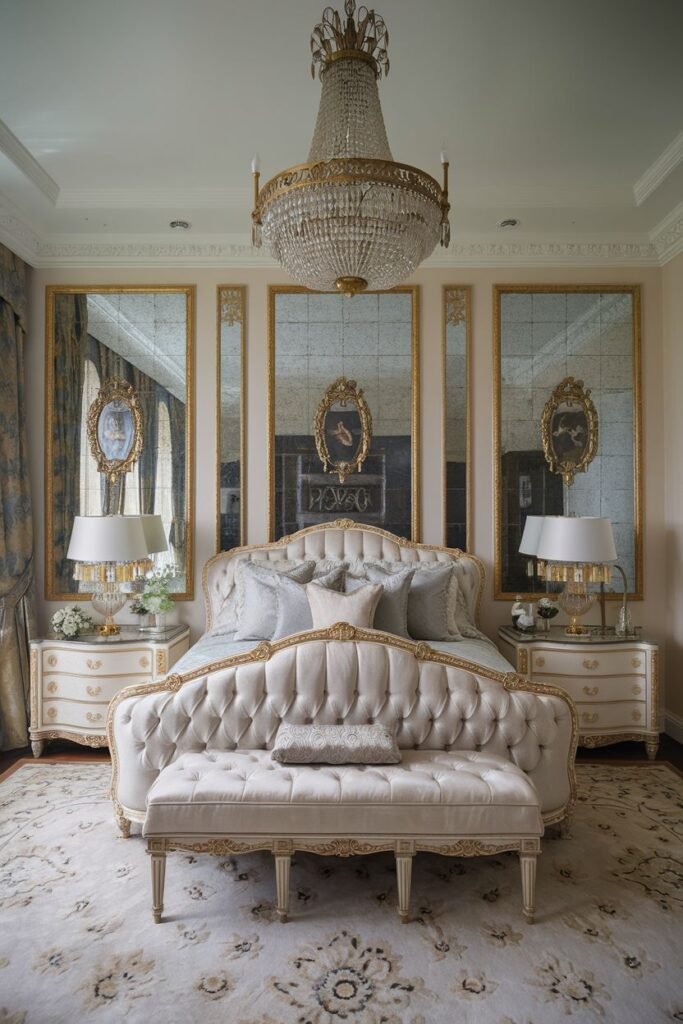 An inviting royal bedroom design with striking mirrored walls behind a tufted bed, flanked by white nightstands and lamps, with a comfortable tufted bench at the foot and a large crystal chandelier overhead.