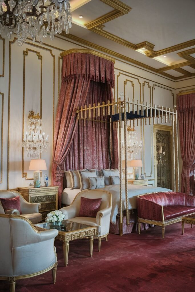 A luxurious royal bedroom decorated in deep red and gold, incorporating detailed wall paneling, a tall draped canopy bed, opulent seating areas with sofas and armchairs, and extensive chandeliers and sconces.