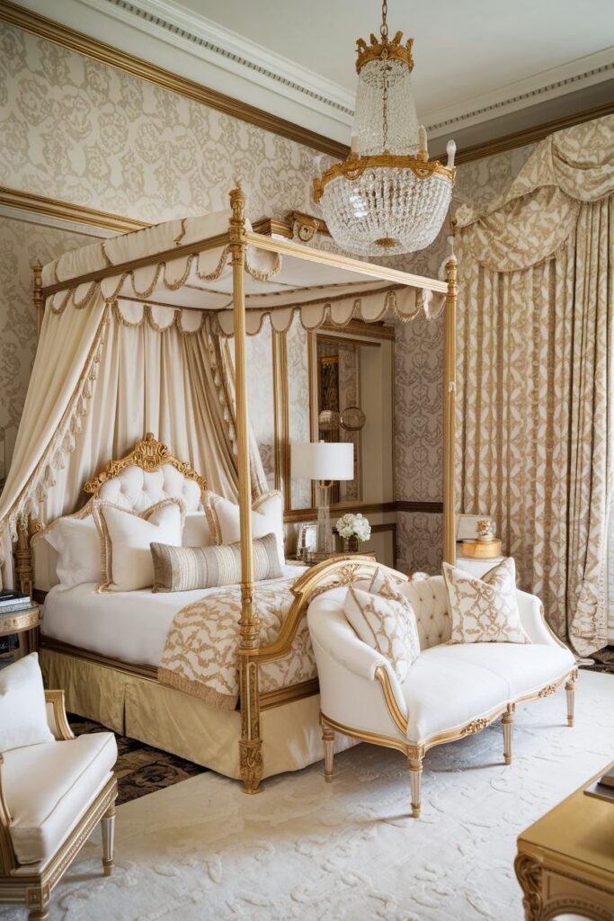 A chic royal bedroom centered around a classic four-poster bed with draped fabric, dressed in white and gold bedding, accompanied by a curved bench and gilded armchairs, featuring patterned wallpaper and luxurious drapes.