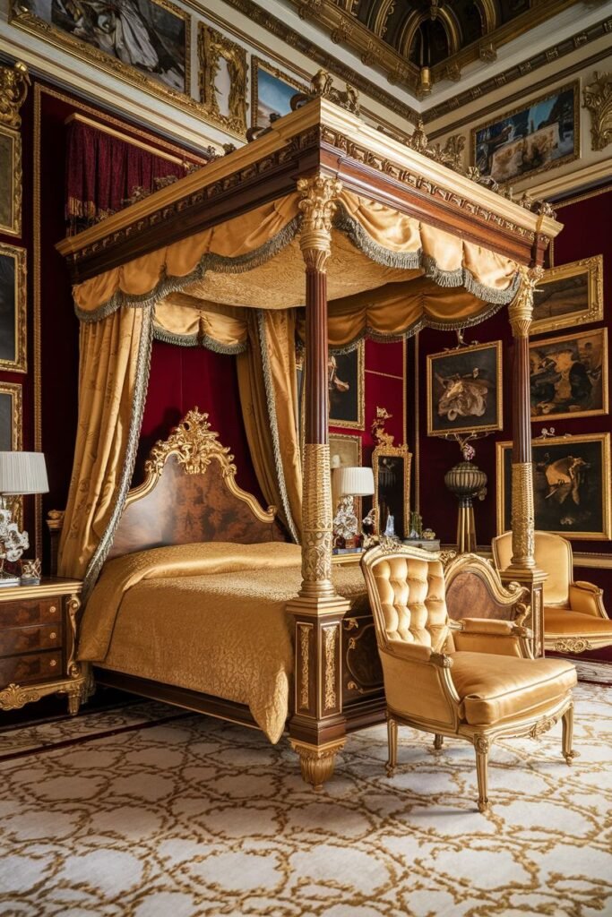 A sumptuous royal bedroom showcasing a magnificent wooden canopy bed with intricate carvings and draped gold fabric, adorned with numerous framed paintings on the walls, and featuring opulent seating like a tufted armchair and settee.