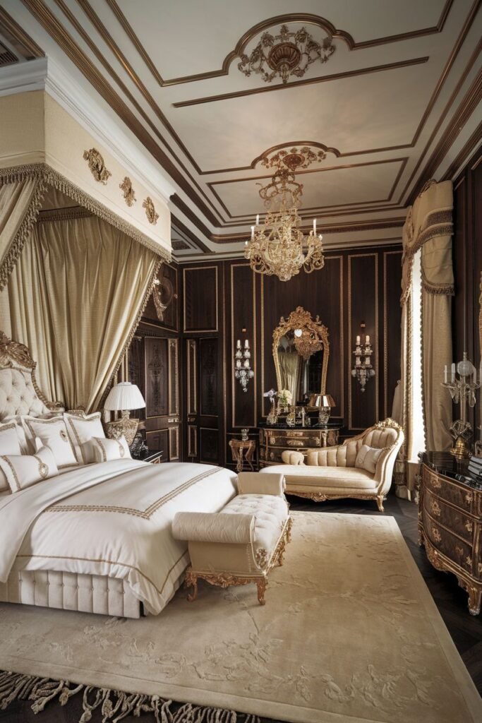 A comfortable royal bedroom incorporating rich dark wood paneling on the walls, contrasting with a light-colored draped canopy bed, a chaise lounge, a dressing table with an ornate mirror, and a sparkling chandelier.