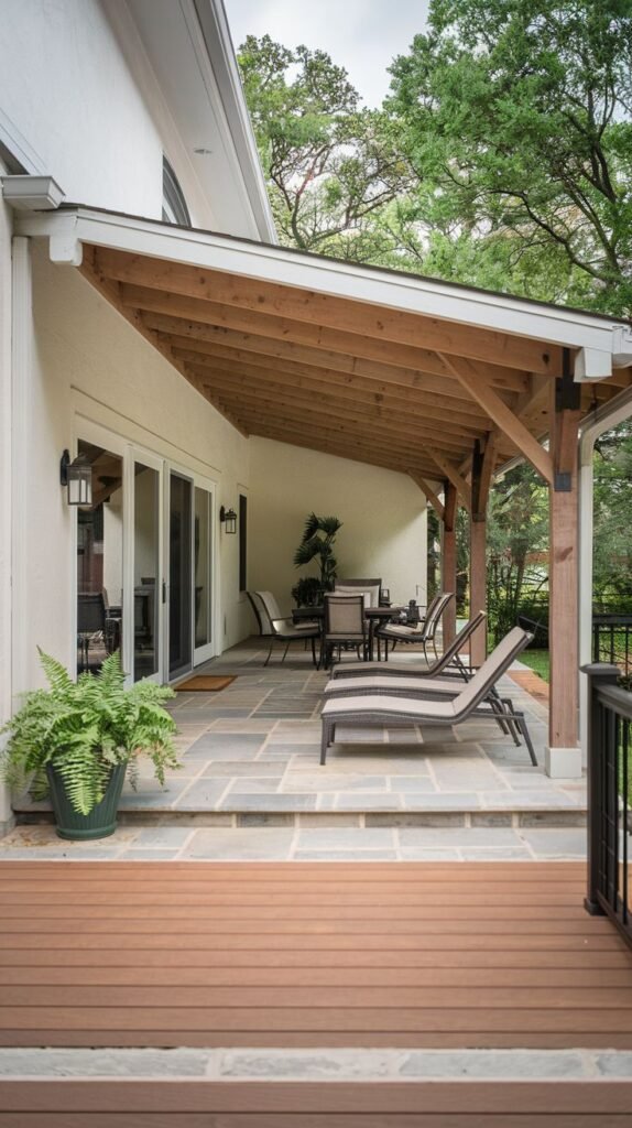 A covered patio area with stone tile flooring. There are lounge chairs and a dining table with chairs. The structure supporting the roof is made of wood.