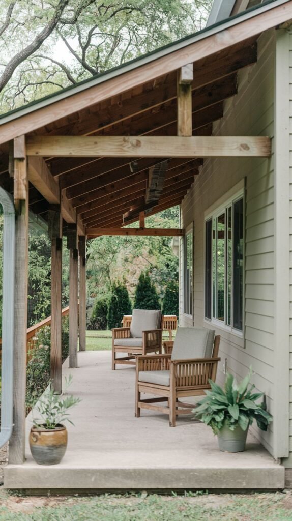A covered concrete patio attached to a light-colored house. The patio is furnished with wooden chairs. The roof is supported by wooden posts and beams. Potted plants are in the foreground.