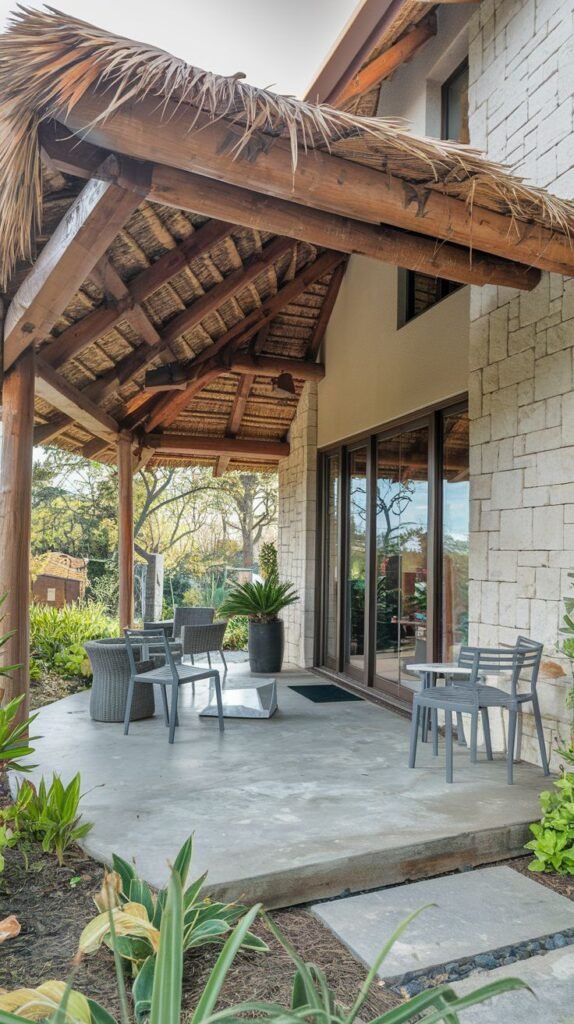A covered concrete patio with a thatched roof attached to a house with a stone facade. The patio is furnished with grey outdoor chairs and a table. Large glass doors lead into the house.