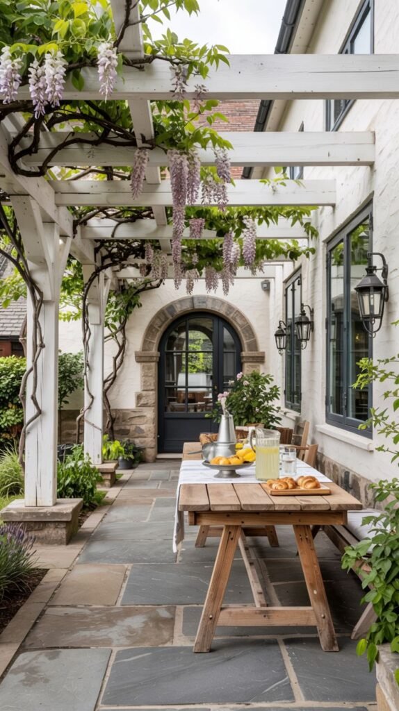 An outdoor patio with a stone tile floor and a white pergola covered in wisteria. There is a wooden dining table and bench on the patio. The house is brick with dark-framed windows and an arched doorway.