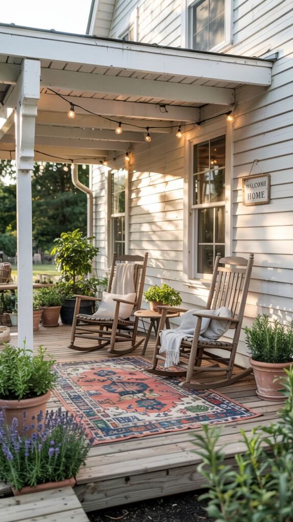 A wooden deck porch with string lights overhead. Two rocking chairs sit on a colorful rug, with potted plants around them. A welcome sign hangs on the house wall.