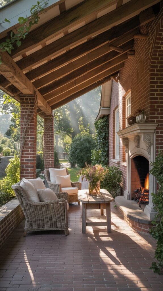 A covered patio with a brick floor and a brick fireplace. The roof is supported by a wooden structure. The patio is furnished with outdoor chairs and a coffee table, and is attached to a brick house.