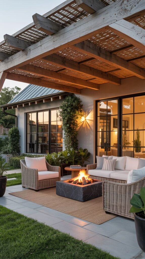 An outdoor patio with a stone floor and a wooden pergola. The patio is furnished with outdoor seating around a fire pit. The house wall has large dark-framed windows.