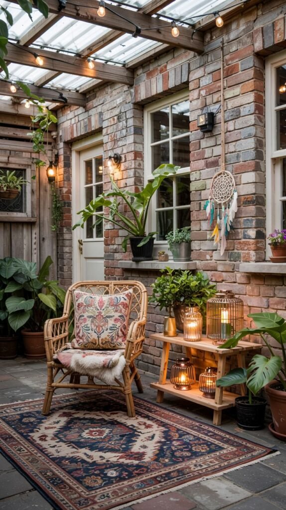 A small outdoor patio with a brick wall and string lights. The patio has a dark rug, a rattan chair with a cushion, and a wooden shelf with lanterns and plants.